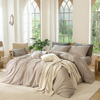 MooMee Bedding Duvet Cover Set 100% Washed Cotton Linen Like Textured Breathable Durable Soft Comfy (Heathered Taupe, Full 80"x90")