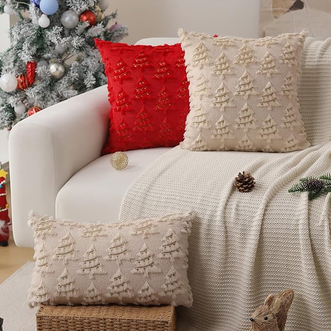 Christmas Pillow Covers 12x20 inch Set of 2 Soft Plush Faux Fur Christmas Decor Beige Xmax Tree Yellow Colored Lights Decoration Throw Pillow Case for Winter Holiday Sofa Living Room PT003C12
