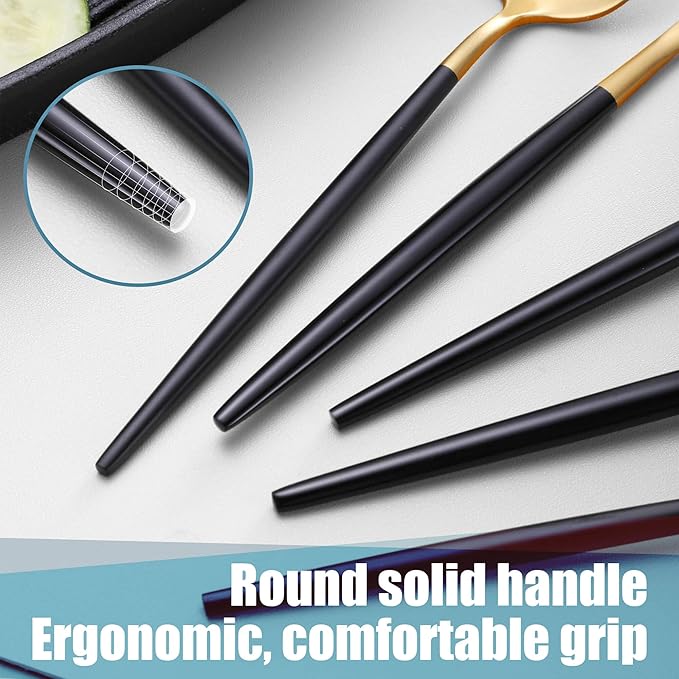 Lemeya Matte Black Gold Silverware Set for 4,Modern Stainless Steel Brushed Cutlery Set,20-Pieces Heavy Duty Flatware Set,Knives Spoons and Forks Set Utensils Set, Satin Finish, Dishwasher Safe