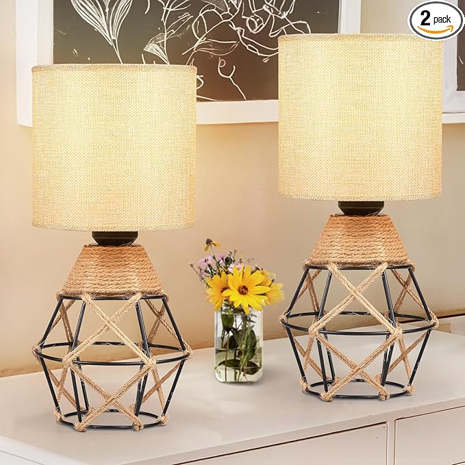 Hamilyeah Woven Table Lamps Set of 2, Boho Bedside Lamps with Fabric Shade, Farmhouse Lamps for Night Stands with On/Off Switch, Modern Industrial Desk Lamps for Bedroom, Living Room, Office