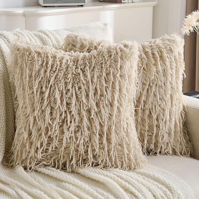 FUTEI Apricot Decorative Throw Pillow Covers 24x24 Inch Set of 2,Soft Fluffy Faux Feather Texture European Cushion Cases,Modern Home Luxury Decor for Couch Bed Living Room