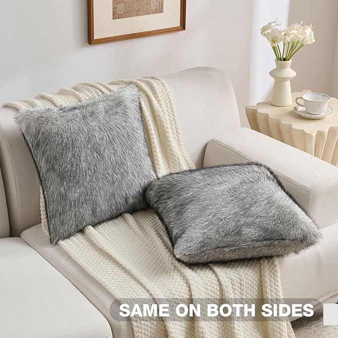 FUTEI Beige Decorative Throw Pillow Covers 18x18 Inch Set of 2,Soft Faux Raccoon Fur Textured Cushion Case,Modern Home Luxurious Decor for Couch Bed Living Room