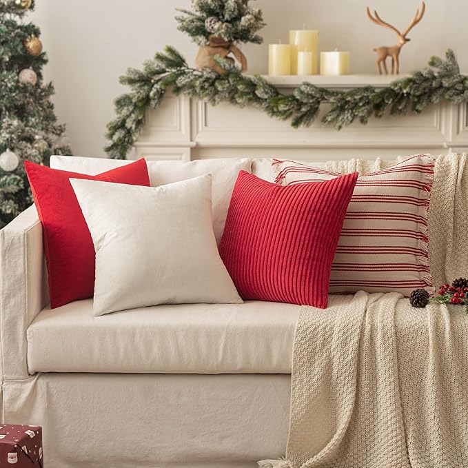 MIULEE Winter 24x24 Pillow Covers Set of 2 Soft Striped Christmas Corduroy Euro Pillow Shams for Couch Living Room Sofa Car 26 x 26 Inch Christmas Red