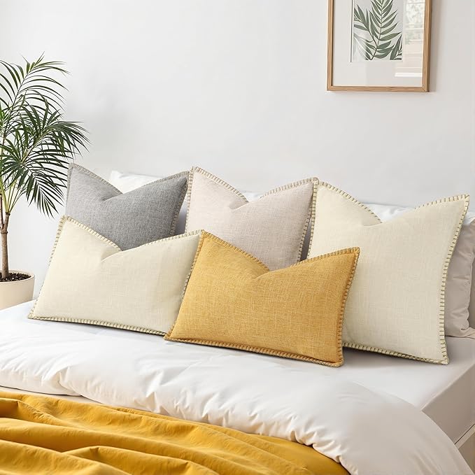 decorUhome Decorative Outdoor Throw Pillow Covers 18x18 Set of 2, Square Linen Rustic Neutral Farmhouse Euro Pillow Covers with Stitched Edge for Couch, Sofa, Living Room, Beige