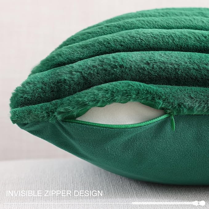 Pallene Faux Fur Plush Christmas Throw Pillow Covers 24x24 Set of 2, Luxury Soft Fluffy Striped Decorative Pillow Covers for Sofa, Couch, Living Room, Christmas Green