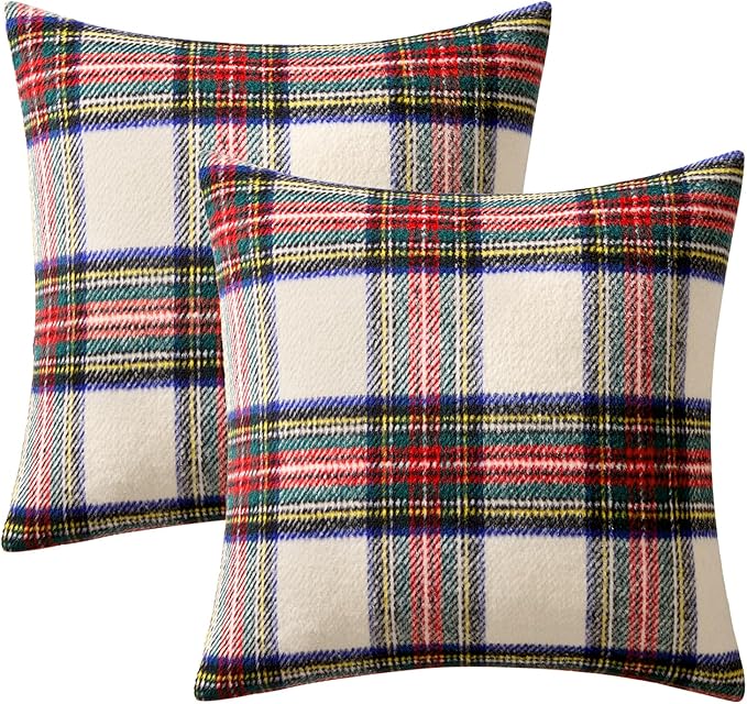 MIULEE Christmas Plaid Decorative Throw Pillow Covers Set of 2 Scottish Tartan Vintage Farmhouse Winter Cuhion Case Pillow Covers for Couch livingroom Sofa Bed Porch Home Decor 20x20inch White