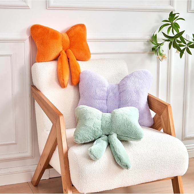 Sage Green Bow Pillow, Soft Bow Decorative Pillows with Faux Rabbit Fur, Cute 12" Bow Throw Pillows, Aesthetic Home Decor Bow Shaped Plush Pillow for Bedroom Sofa Couch