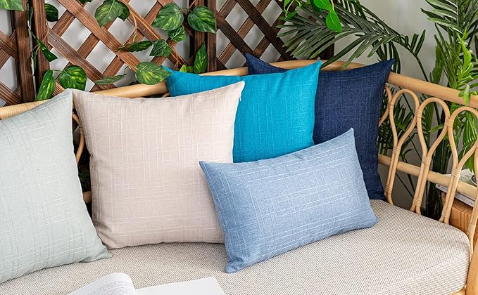 Kevin Textile Pack of 2 Decorative Outdoor Waterproof Throw Pillow Covers Checkered Pillowcases Classic Cushion Cases for Patio Couch Bench 16 x 16 Inch Light Beige