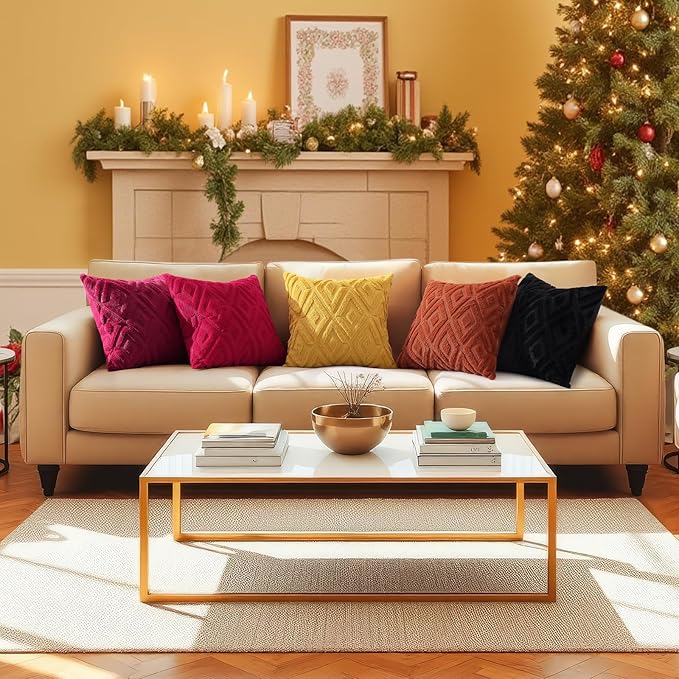 decorUhome Christmas Couch Throw Pillow Covers 24x24 Set of 2, Decorative Soft Plush Faux Wool Neutral Accent Pillow Covers for Bed Sofa Living Room, Red