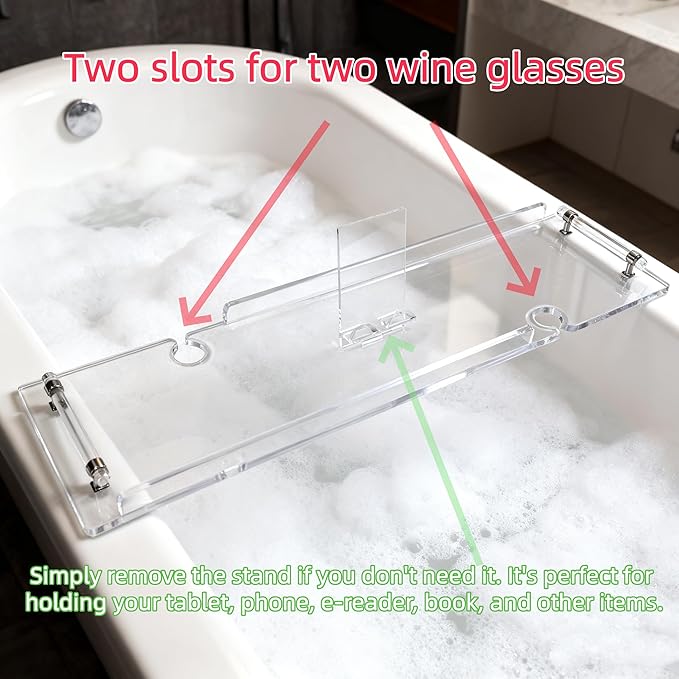 Premium Non-Slip Acrylic Bathtub Tray | Universal Spa Caddy for Tablets, Books & Wine | Fits Most Standard Tubs, Bath Essentials Holder 34”