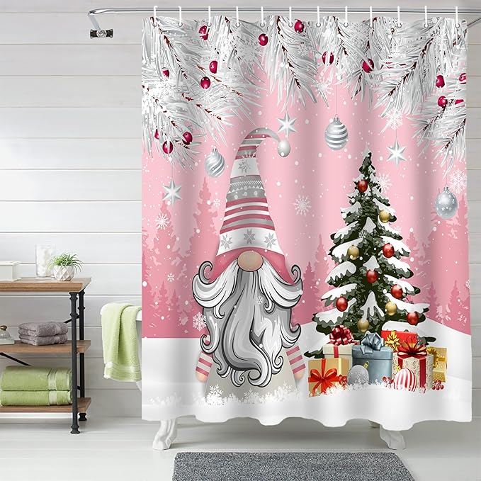 Vandarllin Christmas Gnome Shower Curtain, Winter Merry Christmas Tree Balls Shower Curtains Set with Hooks, Pink Waterproof Fabric Bathroom Curtains Decor Home Accessories, Stall Long 54 X 78 Inch