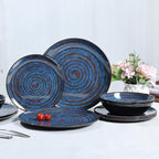 Melamine Dinnerware Set, 12-Piece Plates and Bowls Set, Blue Threaded Plastic Dishes Set, Service for 4, BPA-Free, Dishwasher Safe