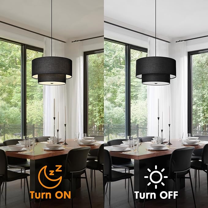 18" Drum Black Pendant Light, Large Modern Hanging Ceiling Chandelier Fixture with Dual Layer Linen Shade, Ideal for Dining Room, Living Room, Bedroom, and Kitchen