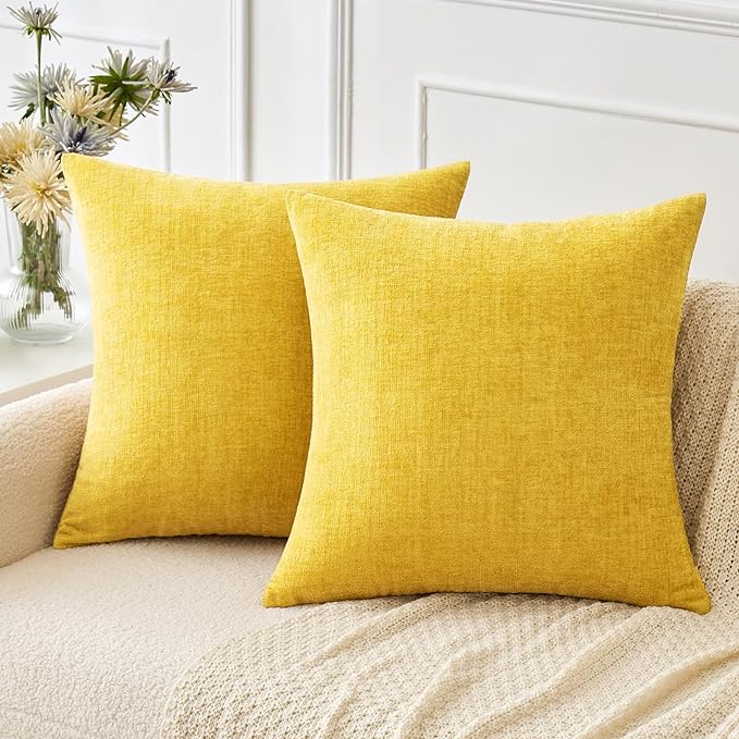 MIULEE Pack of 2 Couch Throw Pillow Covers 20x20 Inch Soft Yellow Chenille Pillow Covers for Sofa Living Room Solid Dyed Pillow Cases