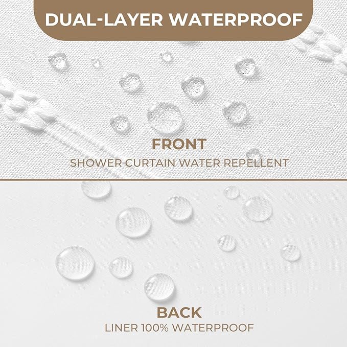 downluxe Linen Texture 3 in 1 Farmhouse Shower Curtain Set with Tassel, Boho Fabric Shower Curtains for Bathroom, White, 72W x 96L