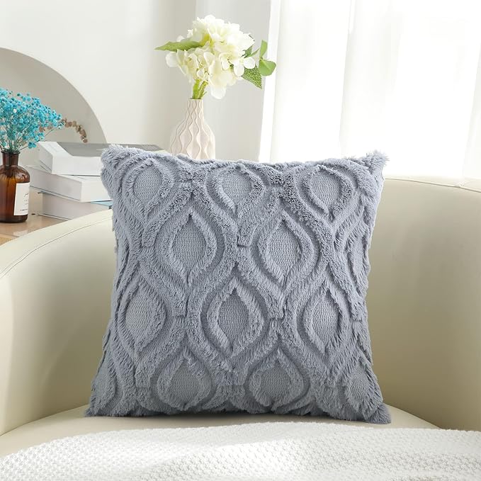 decorUhome Fall Throw Pillow Covers 24x24 Inch Set of 2, Soft Plush Decorative Faux Fur Blue Grey Solid Couch Pillow Covers, Accent Farmhouse Neutral Square Euro Pillow Cases for Sofa Bed Living Room