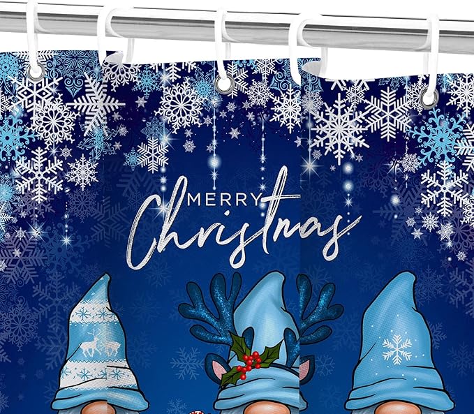 Blue Christmas Shower Curtain, Cute Christmas Gnome Shower Curtain Set, Winter Snowflakes Snow Xmas Shower Curtain Holiday Bathroom Decor, Durable Fabric Machine Washable with Hooks, 72 x 72 Inches