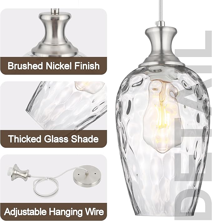 Glass Pendant Lights Kitchen Island 2 Pack, Brushed Nickel Pendant Light Fixtures with Hand-Blown Clear Glass, Modern Hanging Light for Kitchen Sink Dining Room Bedroom, E26