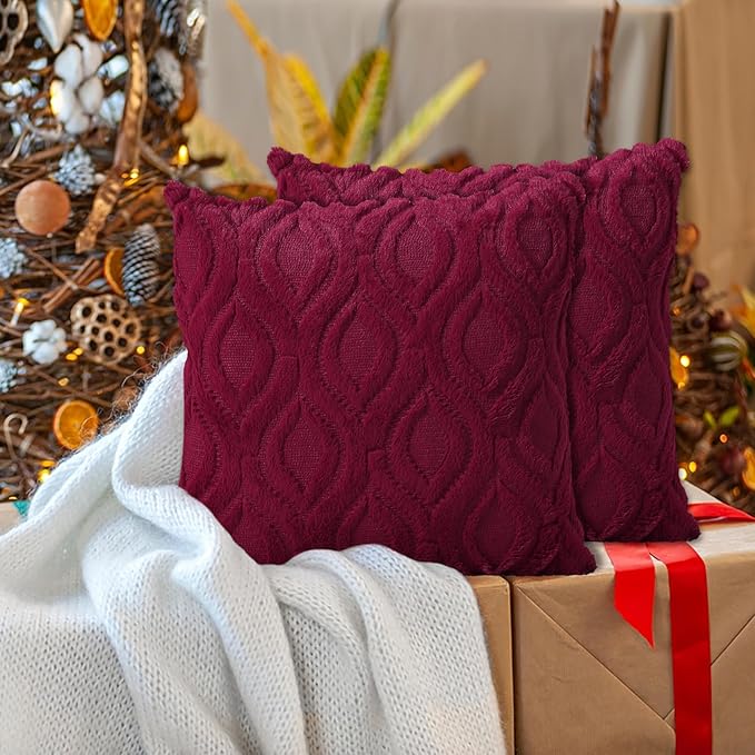 decorUhome Christmas Throw Pillow Covers 20x20 Inch Set of 2, Soft Plush Decorative Faux Fur Burgundy Solid Couch Pillow Covers, Accent Farmhouse Neutral Square Euro Pillow Cases for Sofa Living Room