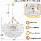 Nordic Bubble Ball Swirled Glass Chandelier, Diam 31" Gild Gold and Clear Modern Hand Blown Glass Pendant Light Fixture for Dining Room, Bedroom, Study, Restaurant, Hallway
