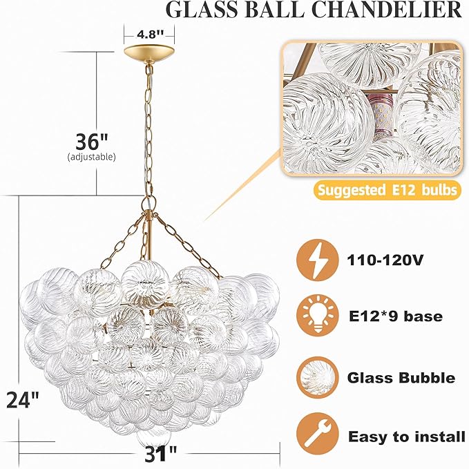 Nordic Bubble Ball Swirled Glass Chandelier, Diam 31" Gild Gold and Clear Modern Hand Blown Glass Pendant Light Fixture for Dining Room, Bedroom, Study, Restaurant, Hallway