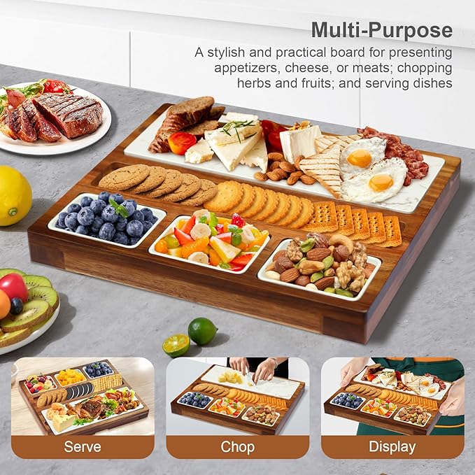 Charcuterie Board Set - EUMUU Premium Large Acacia Wood Cheese Platter with Reusable Bowls, Cheese Knives and Forks - Housewarming, Wedding, Bridal Shower, Birthday Gifts