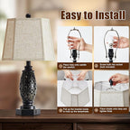 Table Lamps Set of 2-23.5" Vintage Bedside Lamp with USB A+C and Nightlight - Black Carved Resin Retro Desk Lamp for Bedrooms, End Tables, Living Room, Bulbs Included