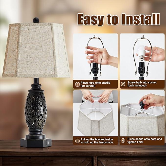 Table Lamps Set of 2-23.5" Vintage Bedside Lamp with USB A+C and Nightlight - Black Carved Resin Retro Desk Lamp for Bedrooms, End Tables, Living Room, Bulbs Included