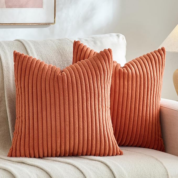 Fancy Homi Set of 2 Burnt Orange Fall Decorative Throw Pillow Covers 18x18 Inch for Couch Bed Sofa, Autumn Halloween Thanksgiving Rome Decor, Soft Plush Corduroy Cute Aesthetic Cushion Case 45x45 cm