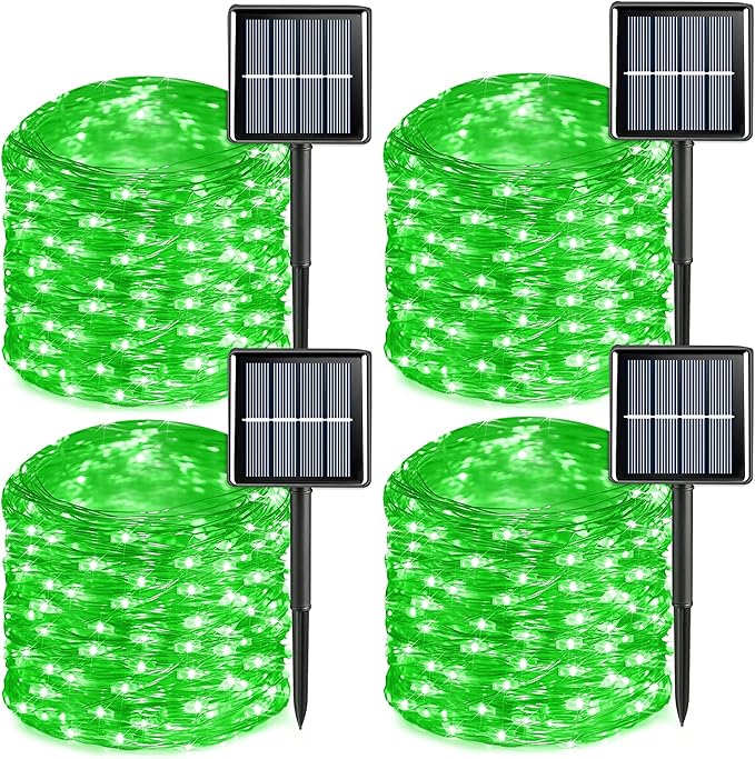 QITONG 4 Pack Green Solar Fairy Lights, Each 33ft 100 LED Halloween Lights Outdoor Waterproof, 8 Modes Silver Wire Christmas String Lights