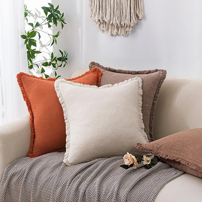 Woaboy Decorative Linen Fringe Throw Pillow Covers Boho Farmhouse Soft Lumbar Cushion Covers Accent Pillowcases with Tassels for Living Room Couch Sofa Bed Chair,12x20 Inch Set of 2,Rust Brick