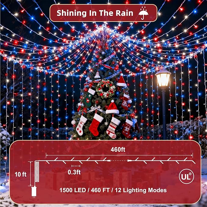 470FT Christmas Lights Outdoor, 1500 LED Christmas Tree Decoration Lights with 12 Modes & Timer Memory, Dimmable Plug In Waterproof LED Xmas Light for Yard Wedding Party Holiday Red White & Blue