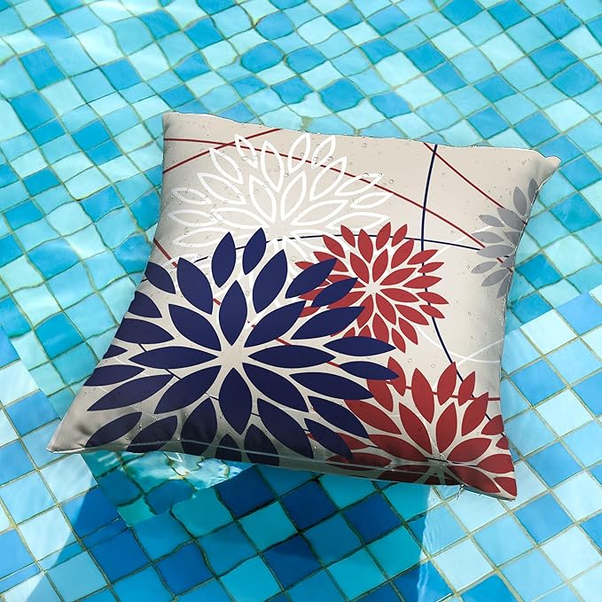 DFXSZ 4th of July Pillow Covers 16x16 Inch Set of 2 Patriotic Blue Red Floral Outdoor Waterproof Decorative Throw Pillows Polyester Cushion Case Decor for Patio Funiture Garden Couch 01H16