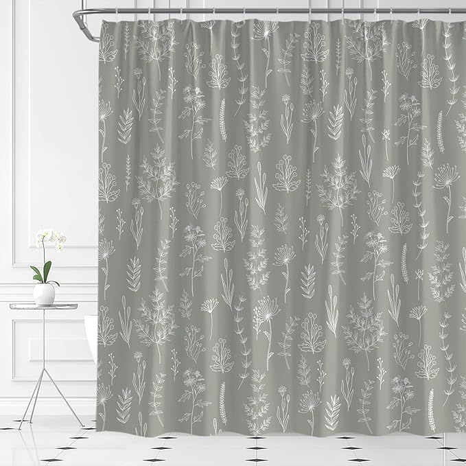 Grey Botanical Shower Curtain Vintage Herbs Floral Farmhouse Cute Boho Leaves Plant Retro Flowers Bathroom Curtain Set with Hooks(70" Wx78 H)