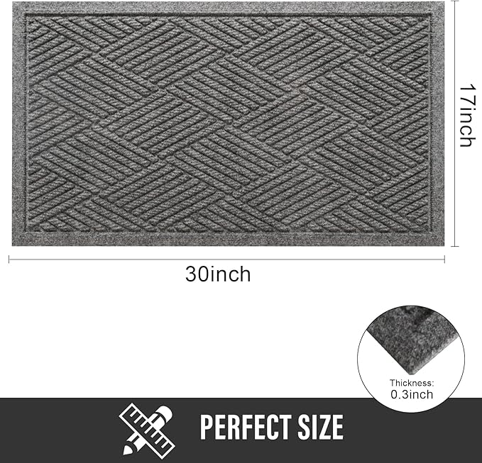 Sturdy Front Door Mat, Absorbent Muddy Dirt Resist Welcome Door Mats Outdoor Indoor, Stain and Fade Resistant, Non-Slip Rubber Backing Low Profile Doormat for Entryway, 30×17, Grey