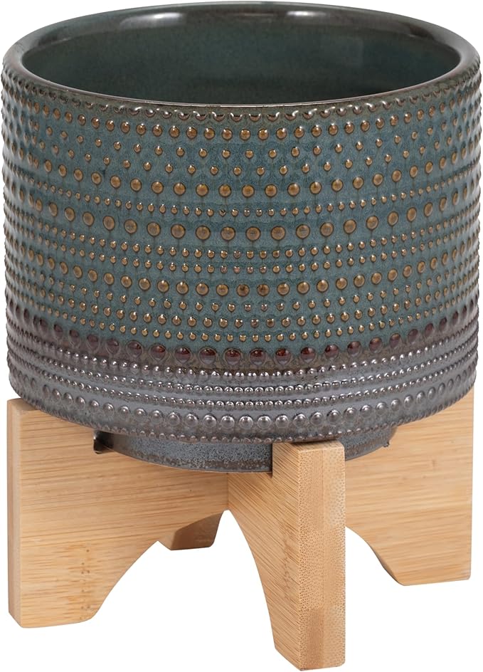 Sagebrook Home Ceramic Planter with Bamboo Wood Stand - Decorative Stoneware Pot for Indoor & Outdoor Plants - Modern Home & Garden Decor - 8" Green