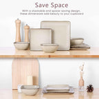 Herogo Stoneware Plates and Bowls Sets for 4, 12 Pieces Modern Square Dinnerware, Reactive Glaze Dishes Set for Kitchen, Chip Resistant, Microwave & Dishwasher Safe, Cream Khaki