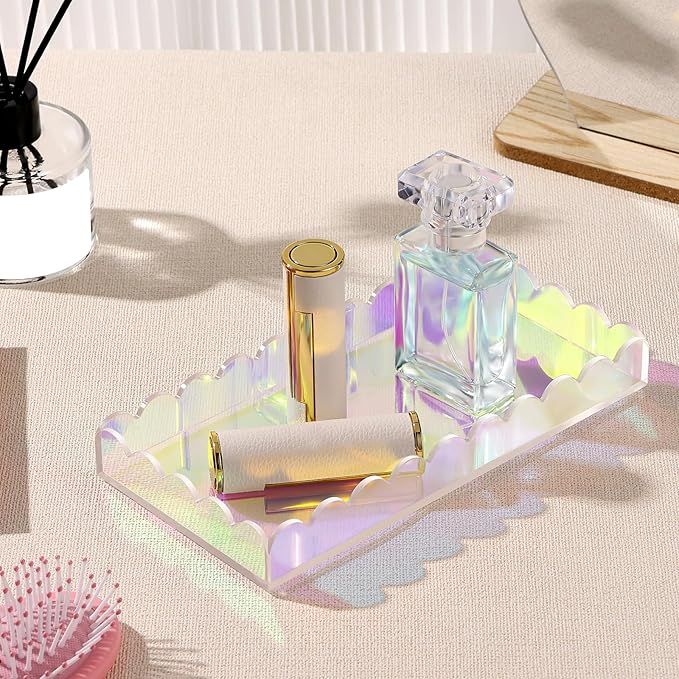 Iridescent Acrylic Bathroom Vanity Tray 7.9",Iridescent Soap Dispenser Decorative Scalloped Tray for Bathroom Kitchen Living Room Decor Colorful Vanity Perfume