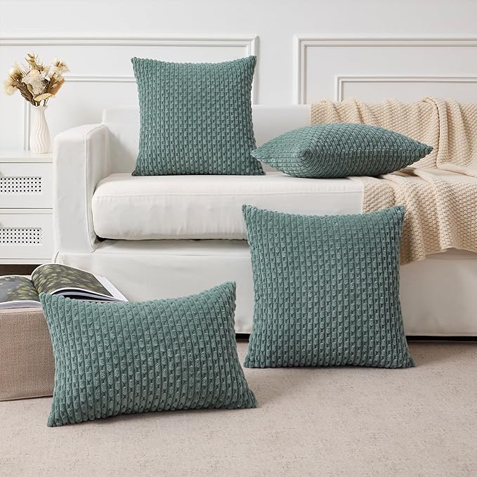 Kevin Textile Decorative Pillow Covers Set of 2 Striped Plush Corduroy Pillows Pillowcases Boho Home Decor Cushion Covers for Couch Sofa Bed Living Room 26x26 Inch, Teal Green