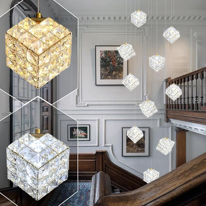 10-Lights LED Staircase Chandelier Modern Foyer Crystal Chandeliers Large Gold Chandelier for High Ceilings,Crystal Pendant Light for Living Room Stairwell Dining Room Entryway