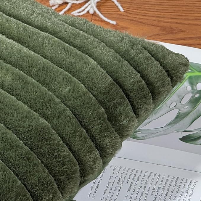 18x18 Throw Pillow Covers Set of 2, Decorative Faux Fur Covers for Bed, Couch Soft Fluffy Pillow Cover with Velvet Back for Living Room, Neutral Home Décor Accent for Sofa - Green