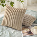 decorUhome Fall Faux Fur Throw Pillow Covers 22x22 Set of 2, Decorative Soft Plush Striped Neutral Couch Euro Pillow Covers with Velvet Back for Sofa, Bed, Living Room Home Decor, Light Khaki Brown