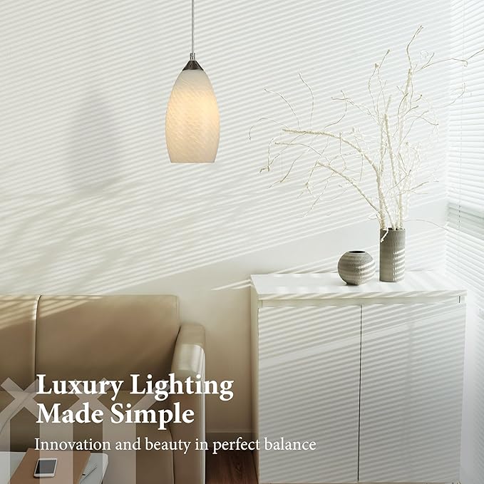 Pendant Lighting, Modern White Fishline Handblown Glass, Oval Art Shade Hanging Light, Brushed Nickel Hardware for Kitchen, Dining Room, Foyer Decor 4.7" Shade (1 Pack)