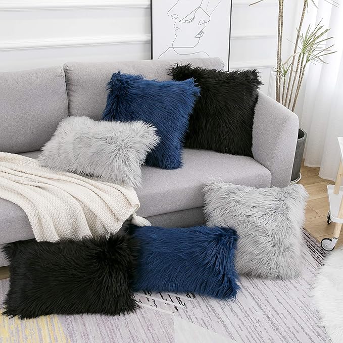 WLNUI Set of 2 Black Halloween Decorative Pillow Covers New Luxury Series Merino Style Faux Fur Fluffy Throw Pillow Covers Lumbar Fuzzy Cushion Case for Sofa Bedroom Living Room Home Decor 12x20 Inch