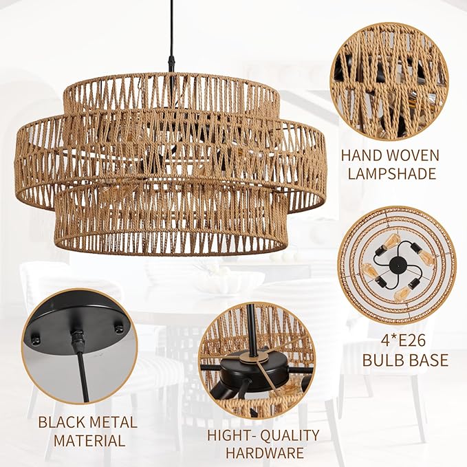 3-Tier Large Rattan Chandeliers, 22.8in Boho Coastal Pendant Lights, Wicker Hanging Ceiling Lights Hemp Rope Lighting Fixture, for Dining Room, Kitchen Island, Living Room