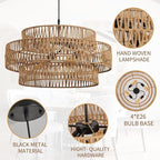 3-Tier Large Rattan Chandeliers, 22.8in Boho Coastal Pendant Lights, Wicker Hanging Ceiling Lights Hemp Rope Lighting Fixture, for Dining Room, Kitchen Island, Living Room