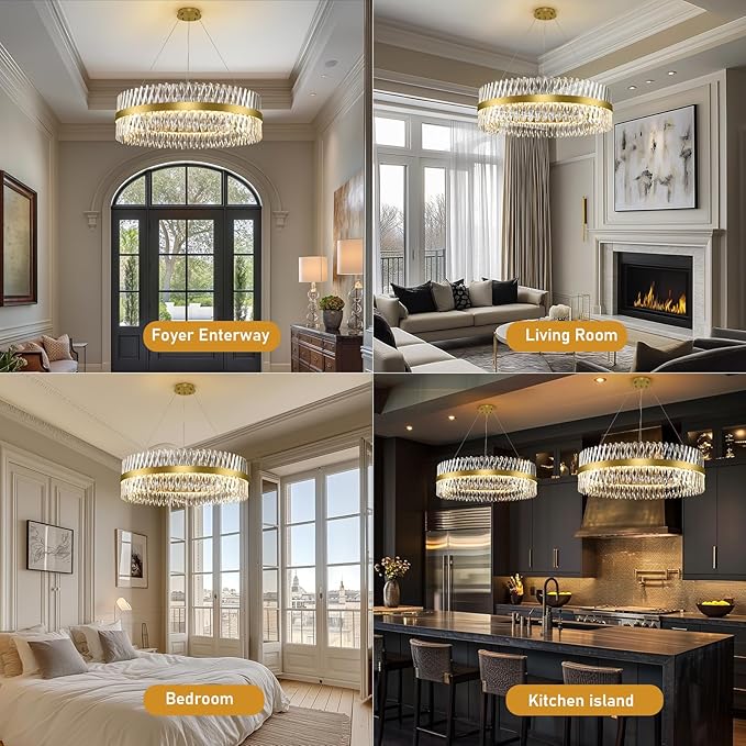 Modern Crystal Chandeliers for Living Room, 40 Inch Large Gold Crystal Chandeliers for Dining Room, Luxury LED Round Foyer Chandelier for High Ceiling Entryway Brass Chandelier Pendant Ceiling Light