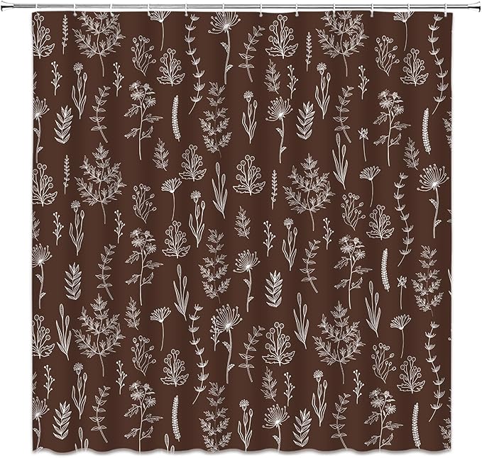 Brown Herbs Shower Curtain Boho Floral Retro Botanical Vintage Farmhouse Cute Leaves Plant Flowers Bathroom Curtain Set with Hooks(59" Wx70 H)
