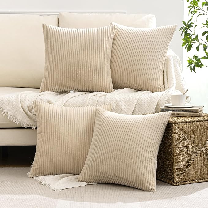 MIULEE Boho Farmhouse Throw Pillow Covers 18x18 Inch Set of 4 Mordern Nordic Cushion Covers Soft Corduroy Home Decor for Couch Bed Sofa Living Room Beige