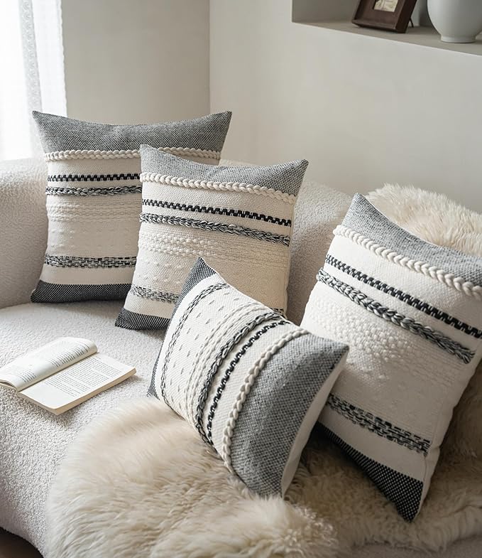 Boho Throw Pillow Covers 20x20 Inch Set of 2, Black Textured Decorative Couch Pillow Cases for Farmhouse Home Decor, Accent Cushion Cover for Sofa, Bed, Living Room, Bedroom